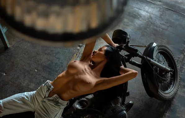Chest, girl, pose, jeans, figure, brunette, motorcycle, Pavel Ermakov