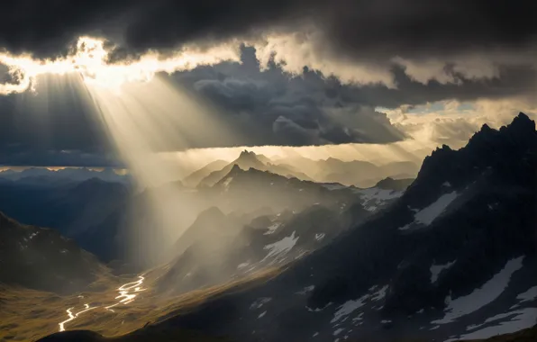 The sky, clouds, rays, light, snow, landscape, mountains, clouds