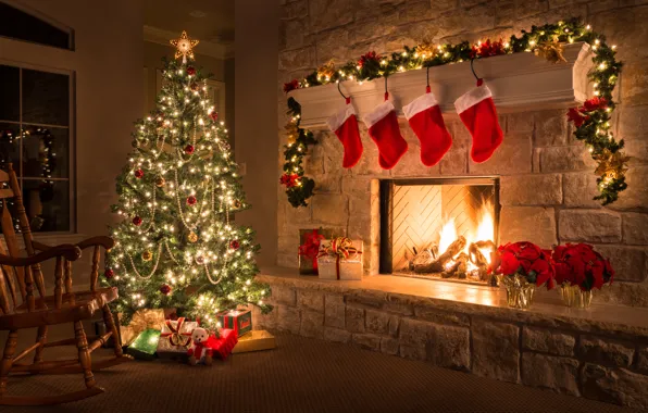 Decoration, tree, Christmas, gifts, New year, fireplace