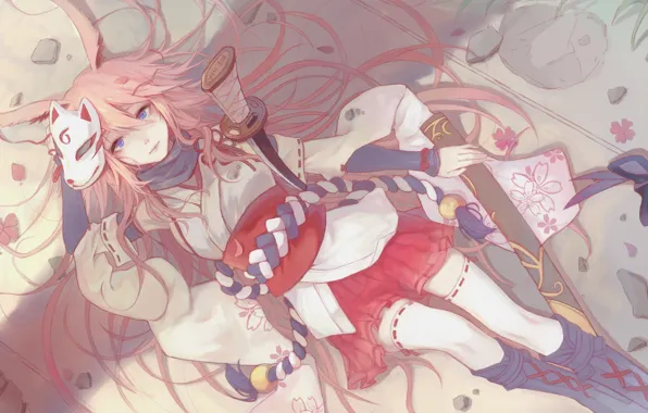Katana, rope, priestess, Sakura, Japanese clothing, sheath, looking up, cherry blossoms