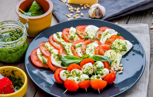Tomato, salad, Caprese, mozzarella, pesto