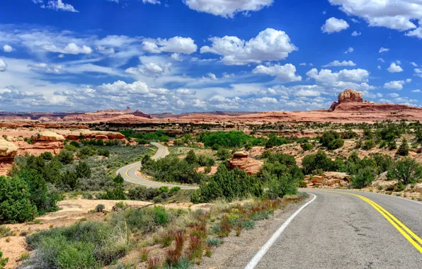 Picture road, clouds, landscape, Utah, USA