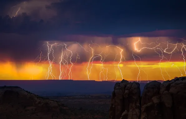 Storm, twilight, sky, desert, landscape, nature, lightning, sunset