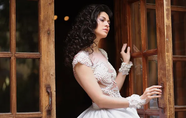 Look, girl, pose, style, hands, door, brunette, white dress