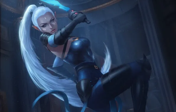Look, girl, fantasy, elf, dagger, white hair, antalya