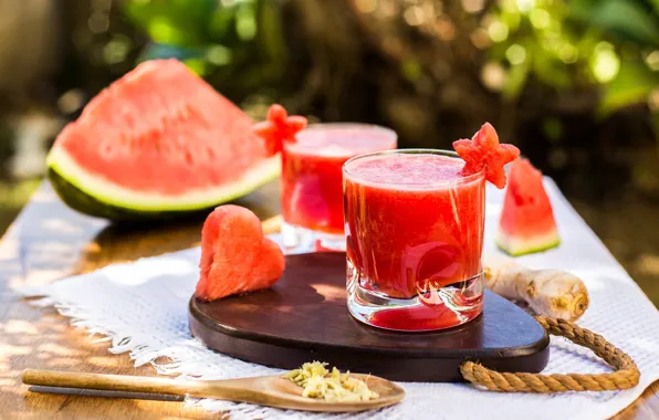 Picture light, nature, table, watermelon, juice, spoon, hearts, stars