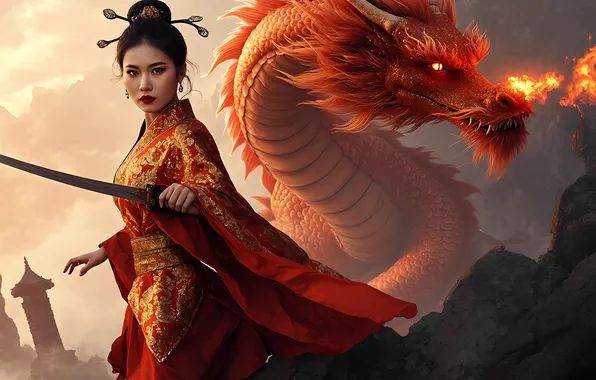 Girl, sword, Chinese, Asian, red dress, The dragon is red