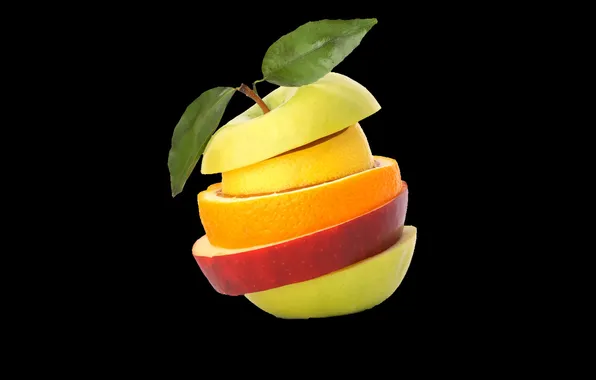 Picture Apple, orange, leaf, black background, pieces of fruit