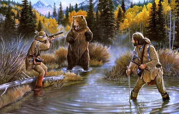 Picture autumn, forest, the problem, lake, the situation, Bay, bear, painting
