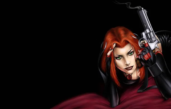 Picture eyes, look, girl, gun, the game, black background, red hair, Bloodrayne