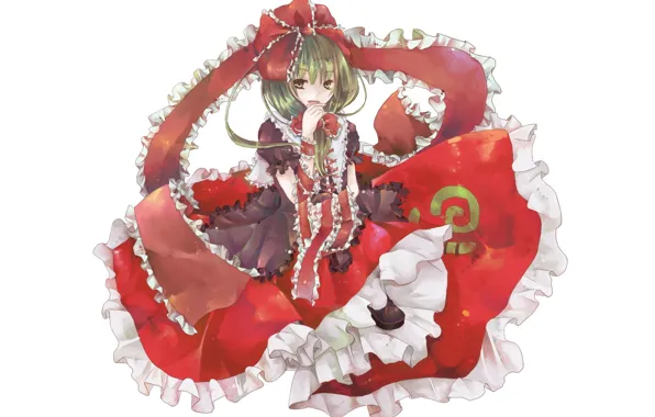 Ruski, bow, red dress, green hair, ruffles, Kagiyama Hina, Touhou Project, Project East