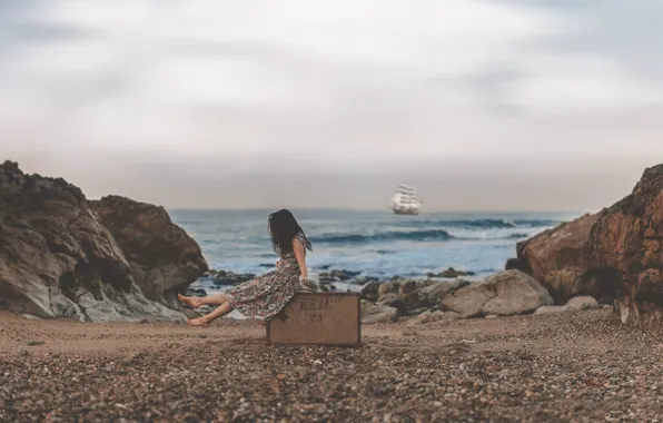 Picture sea, pebbles, rocks, ship, sailboat, girl, suitcase