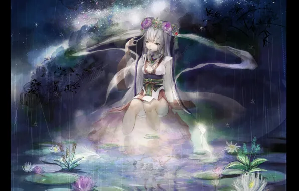 Stars, night, pond, girl, kimono, the milky way, Lotus, wreath
