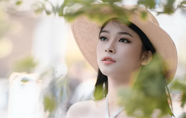 Picture look, girl, face, portrait, hat, Asian, bokeh