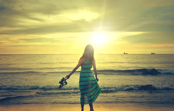 Picture wave, beach, the sky, the sun, clouds, Girl, dress
