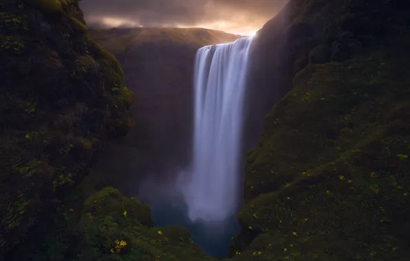 Mountains, fog, rocks, shore, the slopes, waterfall, stream