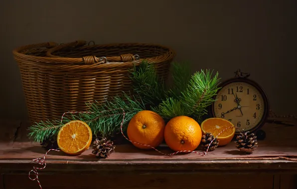 Branches, holiday, basket, watch, new year, orange, spruce, alarm clock