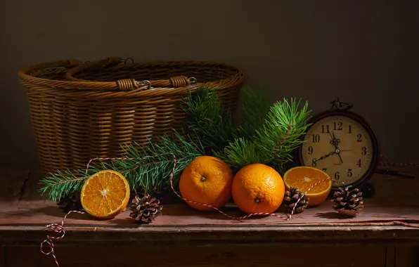 Picture holiday, basket, watch, new year, spruce, oranges, branch, alarm clock