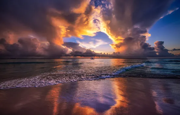 Sand, sea, wave, beach, the sky, clouds, light, landscape