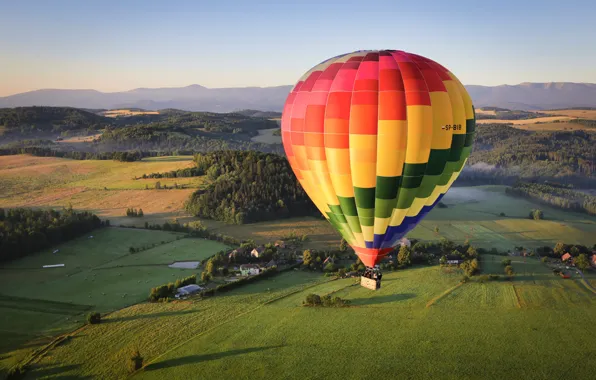 Field, forest, landscape, mountains, nature, balloon, Poland