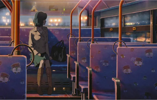 Picture lights, the evening, bus, seat, bag, art, The Garden Of Words, Makoto Shinkai