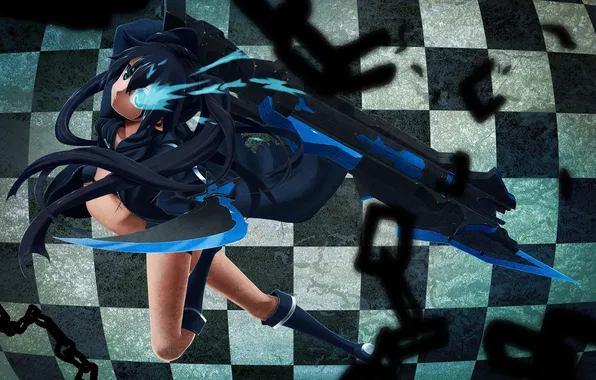 Girl, squares, weapons, sword, chain, black rock shooter, catch the worm