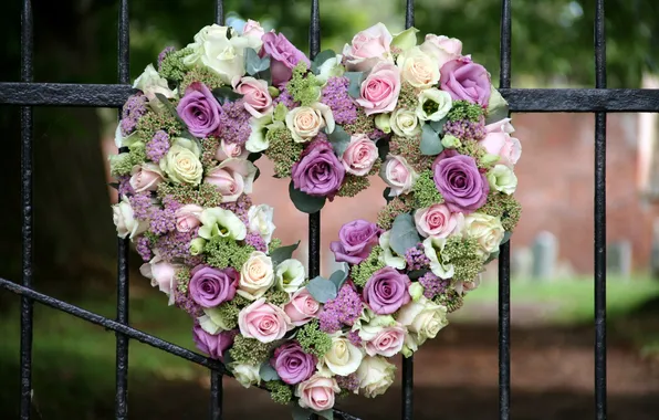 Picture FLOWERS, HEART, ROSES, BOUQUET, The FENCE, WREATH, FENCE