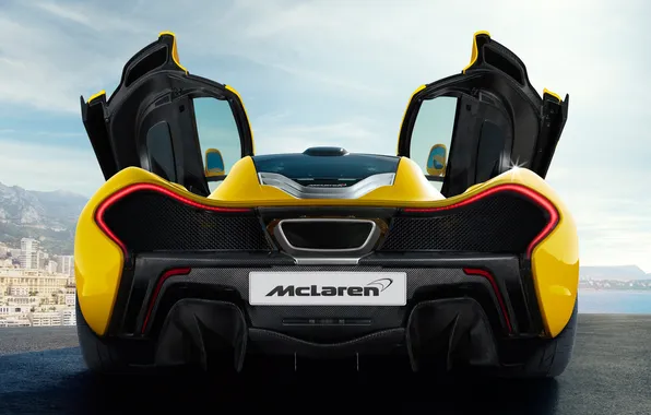 Picture McLaren, carbon, black, yellow, exhaust, back, McLaren P1