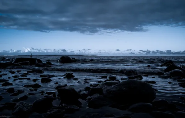 Water, night, stones, Bay