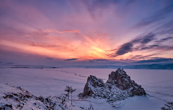 Winter, the sky, snow, mountains, lake, Baikal, frost, Konstantin Leontiev