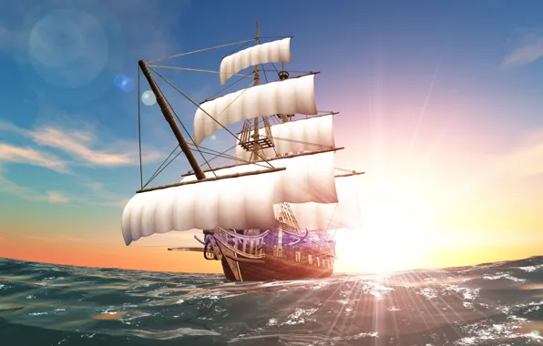 Sea, the sun, ship, sails, swimming, course