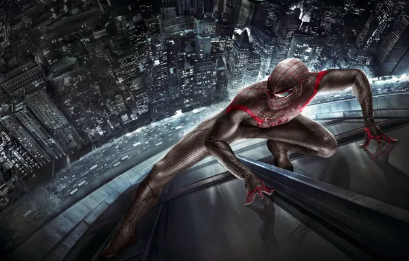 Picture road, machine, the city, reflection, costume, The Amazing Spider-Man, New spider-Man