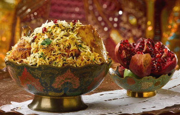 Chicken, meat, figure, garnet, pilaf