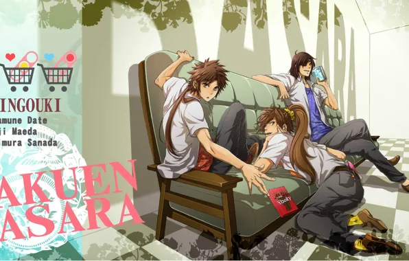 Sofa, long hair, students, fanart, sengoku basara, three guys, Masamune Date, Keiji Maeda
