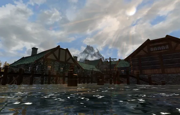 The sky, water, the sun, clouds, the city, lake, mountain, sky