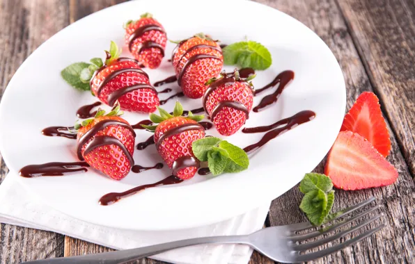 Picture berries, chocolate, strawberry, plate, red, fresh, dessert, sweet