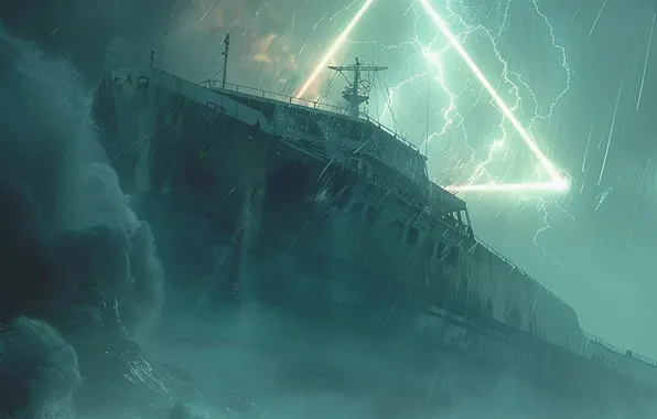 Sea, Wave, Lightning, Ship, Rain, The portal, Digital art, AI art