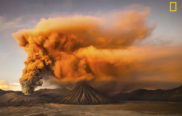 Mountains, desert, smoke, the volcano, the eruption