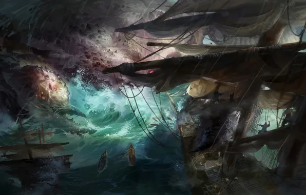 Picture sea, storm, people, monster, ships, art