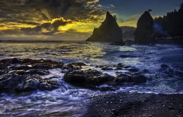 Sea, beach, clouds, sunset, rocks