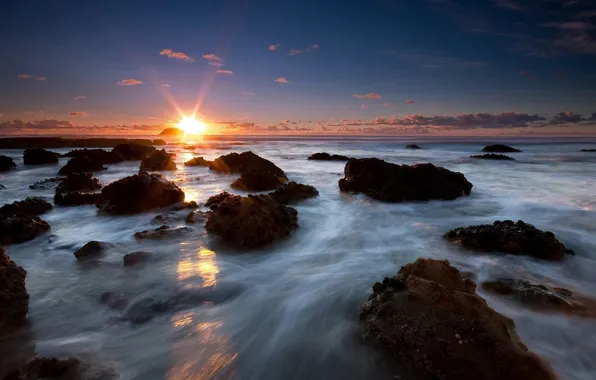 Sea, wave, the sky, rays, landscape, sunset, nature, stones