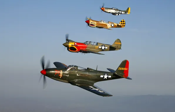 Picture Bell P-63A Kingcobra “Pretty Polly”, Warhawk Curtiss P-40N Warhawk “Parrothead”, Curtiss P-40N Warhawk, P-51D Mustang …