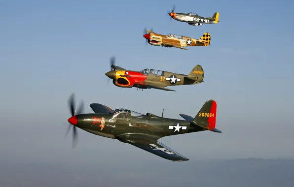 Bell P-63A Kingcobra “Pretty Polly”, Warhawk Curtiss P-40N Warhawk “Parrothead”, Curtiss P-40N Warhawk, P-51D Mustang …