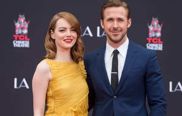 Look, girl, smile, dress, male, Emma Stone, Ryan Gosling