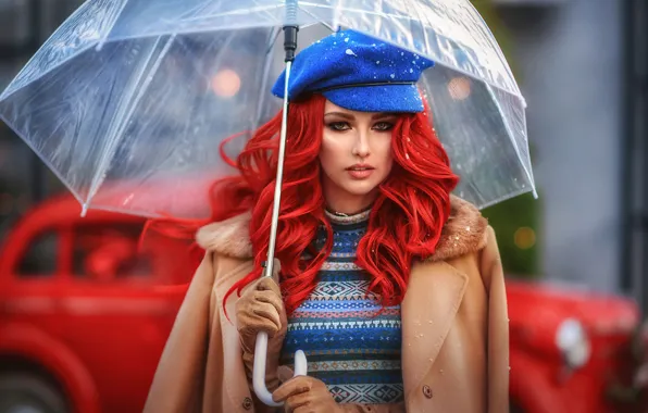 Picture girl, umbrella, cap, coat, curls, red hair, photographer Ilona Bimova, Marina Zharinova