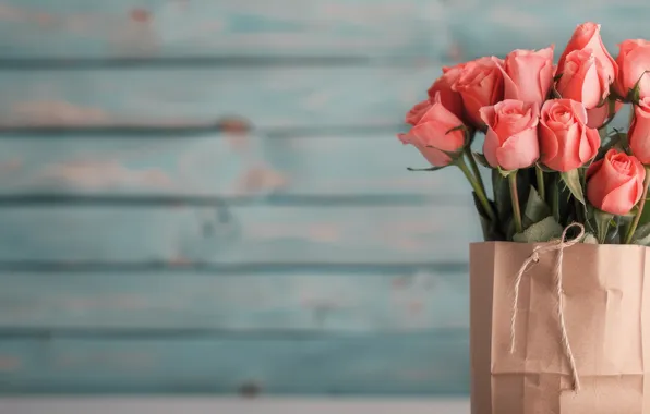 Flowers, holiday, Board, roses, bouquet, package, pink, blue background