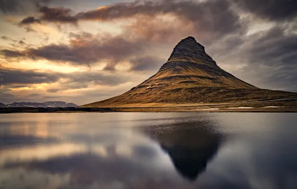 The sky, light, clouds, reflection, shore, mountain, the volcano, Iceland