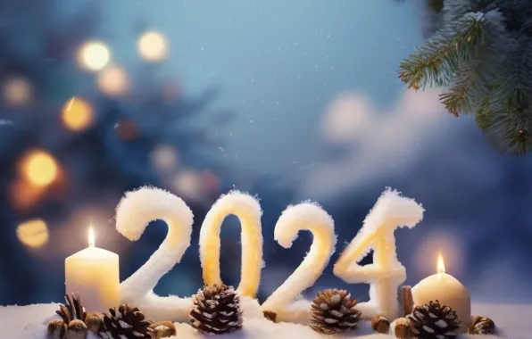 Winter, snow, branches, lights, candles, Christmas, figures, New year