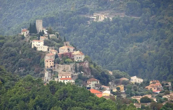 Picture trees, mountains, France, home, haze, Turret-Levans