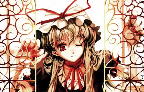 Face, grille, red eyes, cap, long hair, wink, manicure, red bow